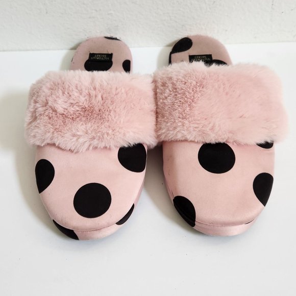 Victoria's Secret Signature Satin Slippers Pink/Black Polka Dot with Faux Fur Si - Picture 2 of 7